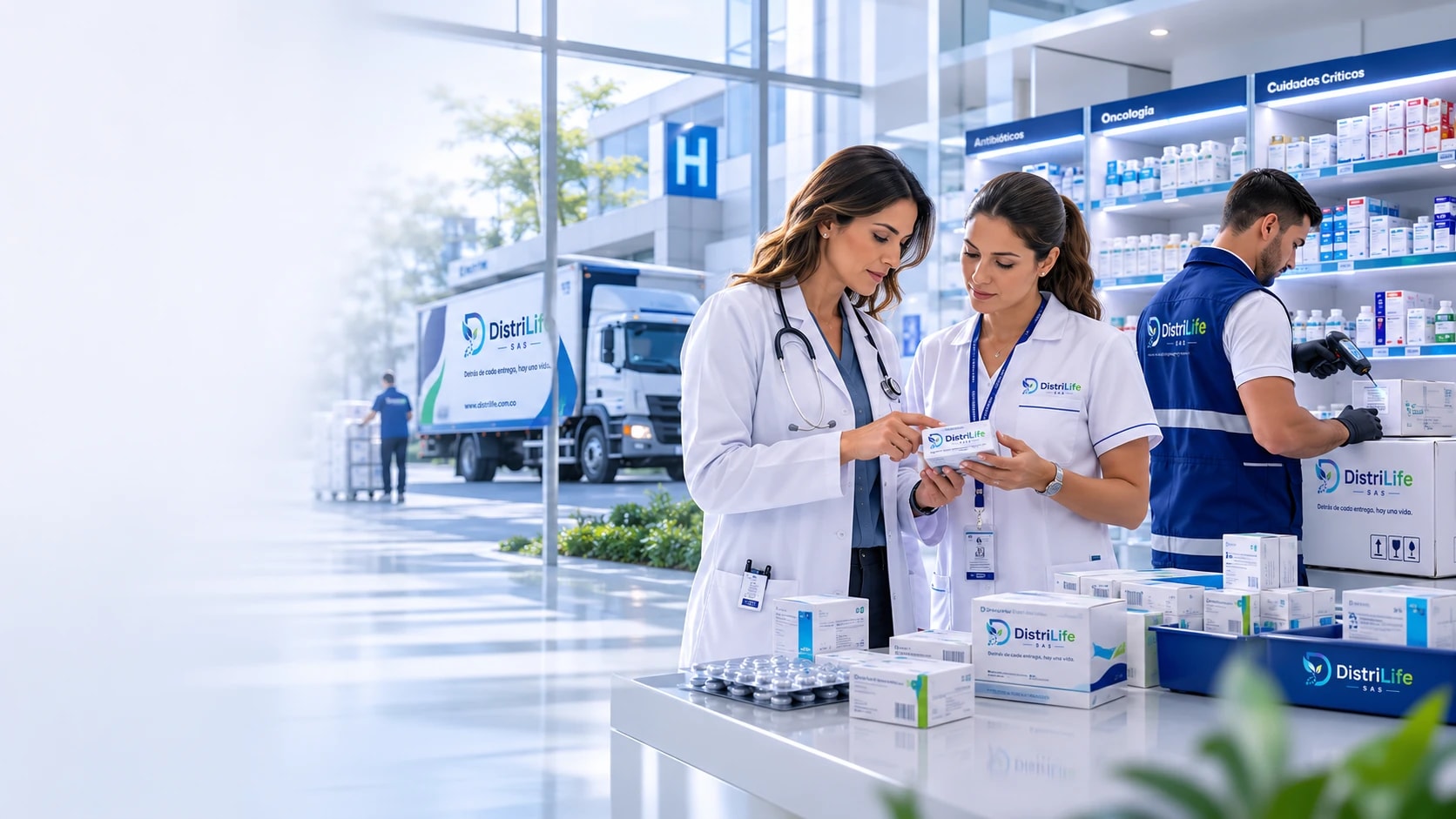 Equipo clínico de DistriLife revisando un empaque farmacéutico junto a un camión de distribución y una farmacia institucional de fondo